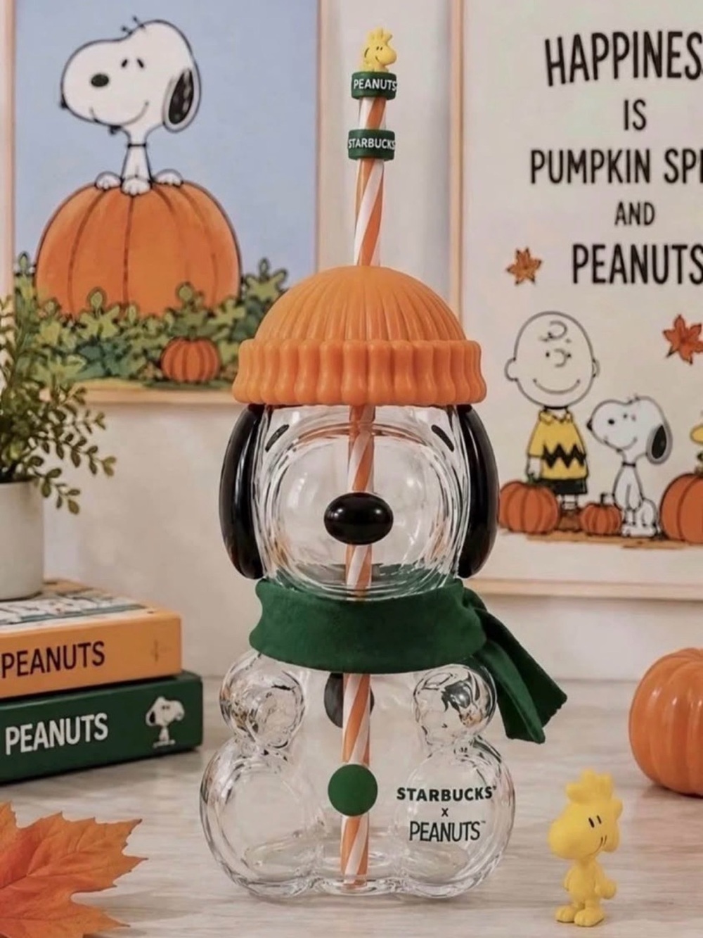 Starbuck Snoopy Orange Hat Snoopy Glass Tumbler with Straw new